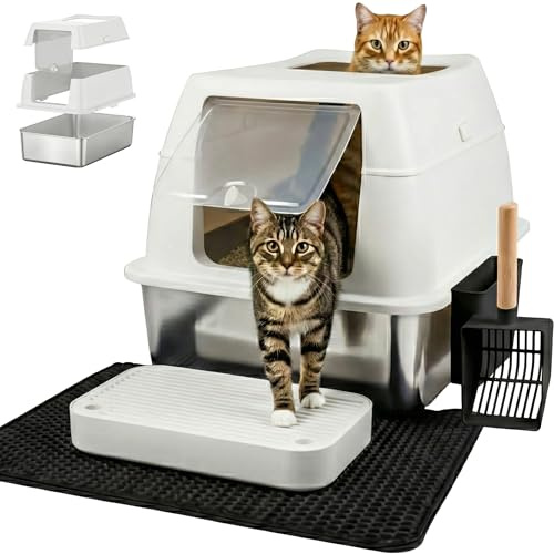 Katzenklo Edelstahl mit Deckel XXL – Geschlossene Katzentoilette mit 2 Eingängen, Trittstufe, Schaufel & Matte – Leicht zu Reinigen, Geruchshemmend, Cat Litter Box für große Katzen, Beige