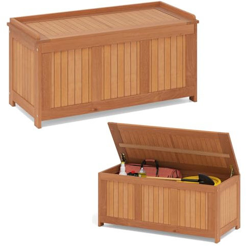 RELAX4LIFE 3-EN-1 Banc Coffre de Rangement Extérieur 220 L en Bois avec Couvercle Rabattable, Siège Résistant, Finition Huile de Teck, Meuble de Jardin Charge 150KG pour Jardin, Patio, Balcon