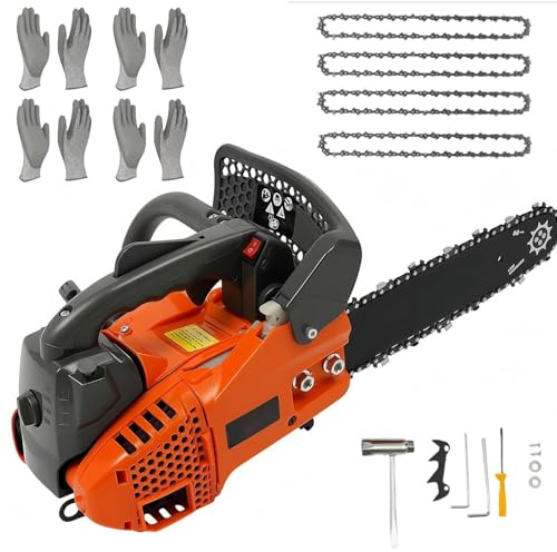 25.4cc Benzin-Kettensäge, 2-Takt Top Griff Kettensäge mit 12 Bar, 4 Ersatzkette, Anti-Vibration, Geräuscharm, Auto Öler, Gas-Kettensäge für effizientes Baumschneiden, Brennholz, Gartenbenutzung
