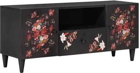 Mhdvray Meuble TV en bois de manguier 105 × 33,5 × 46 cm, floral, boutons en laiton, tableau multimédia, salon, chambre à coucher, couloir