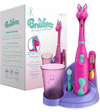 Brusheez Ensemble de brosses à dents électriques pour enfants | Sûr et efficace pour les enfants de 3 ans et plus, poils doux, 2 têtes de brosse, tasse de rinçage, minuterie de 2 minutes et