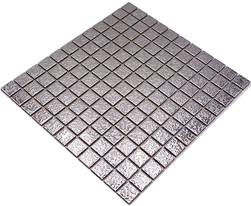 Mosaik Fliese Keramik silber gehämmert für WAND BAD WC DUSCHE KÜCHE FLIESENSPIEGEL THEKENVERKLEIDUNG, Mattengröße: 330x302 = 0,10 qm, Steingröße: 25x25x6mm - 1 Matte
