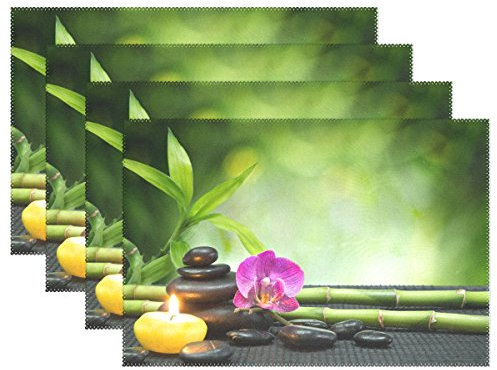 ALAZA Platzdeckchen mit violetter Orchidee und Kerze mit Turm, schwarzen Zen-Steinen, rutschfest, wärmeisoliert, waschbar, für Küche, Esstisch, 30,5 x 45,7 cm, 1 Stück