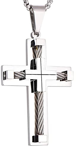 YL Kreuz Halskette Edelstahl mit weiß vergoldeten Jesus Christ Anhänger Halskette für Herren, 60cm Runde Kastenkette