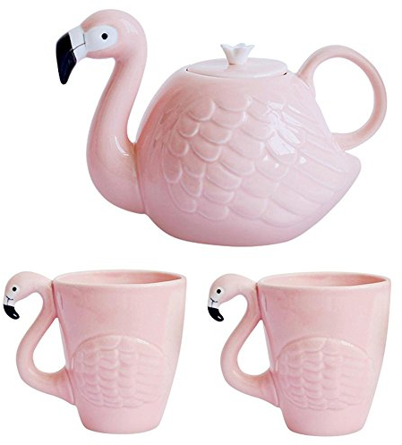 JointVictory Flamingo Coffee Mugs and Teapot Set 15 Ounce Ceramic Flamingo Cups 34 Ounce Porcelain Teapot for Women,Wife Birthday,Mother Day,Girlfriend,Grandma (Set of 3)