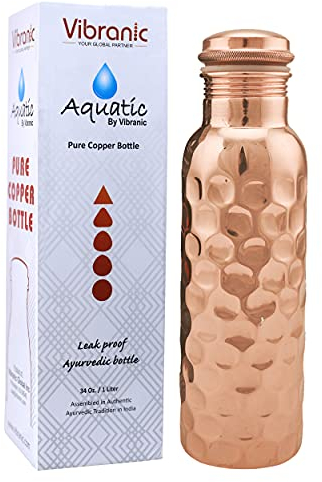 VIBRANIC Kupfer Wasserflasche 34oz Diamant gehämmert auslaufsichere Ayurveda-Flasche