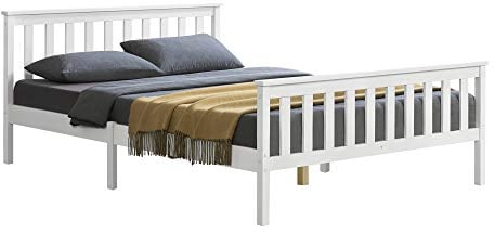 [en.casa] Holzbett mit hohem Kopfteil und Lattenrost 160x200 cm Doppelbett Ehebett Bettgestell Kiefernholz Weiß