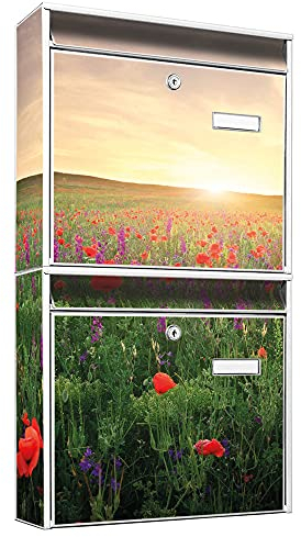 banjado® Briefkastenanlage 2 Fach 36x64x10cm mit Motiv/Briefkasten groß mit Namensschild/Postkasten A4 Einwurf inkl. Montagematerial & je 2 Schlüsseln/Briefkasten ohne Zeitungsfach