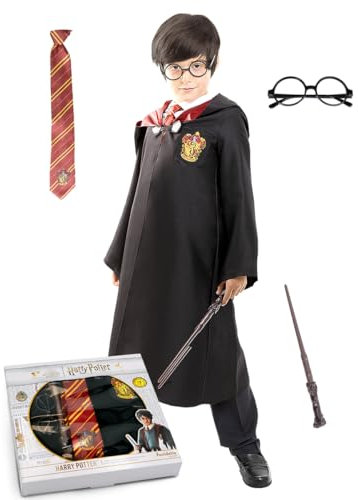 Funidelia Kit Costume Ufficiale di Harry Potter per Bambino e Bambina con tunica, cravatta, occhiali e bacchetta, Tunica Grifondoro Hogwarts, Costumi Carnevale, Halloween e Feste – Taglia 7-9 anni