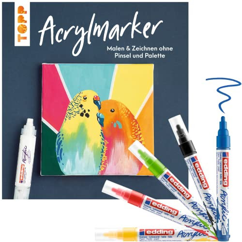Acrylmarker Set zum sofort Loslegen: edding 5100 Acrylmarker Set - 5 Acryl Farben für Leinwand, Holz + Stein & Anleitungsbuch mit großer Motivsammlung + anschaulicher Erklärung verschiedener Techniken