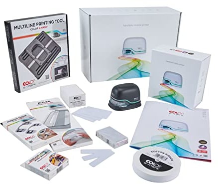 COLOP e-mark Professional SET, enthält den e-mark in schwarz, 1 Multiline-Printing-Tool zum mehrzeiligen Bedrucken von Visiten- und PVC-Karten, bedruckbare PVC-Schilder uvm, 350 x 245 x 100 mm