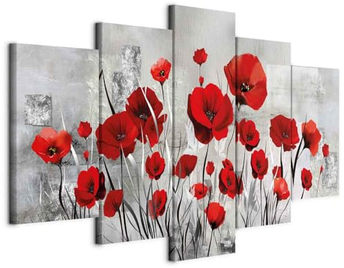 B&D XXL - Grand Tableau Mural Décoration Moderne Salon, Nature, 150x75 cm | Clous Inclus, Impression sur Toile, Tableaux, Posters et Arts Décoratifs, Rouge, Artistique Fleurs Coquelicots Plantes Gris