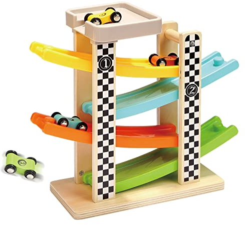 TOP BRIGHT Jouet Rampe de Voiture en Bois pour Garçon 2 Ans, Premier Cadeau pour Enfant 1 Ans 2 Ans,Jouet Rampe de Course de Bébé avec 4 Petites Voiture