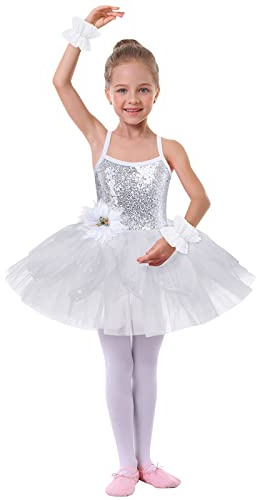 IWEMEK Kids Girls Sequins Leotard Tutu Ballet Dress Sleeveless Spaghetti Strap Skating Gymnastics Children Dancewear Fairy Swan Dance Dresses Performance Ballroom Dancer Costume #White 9-10 Years