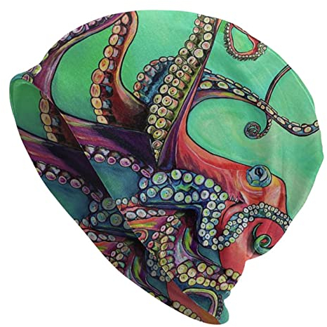 Oudrspo Strickmütze für Erwachsene mit niedlichem Oktopus, schönem Erdbeerdruck, für Männer/Frauen, Slouchy Beanie, Skischädelmütze, Winter, dünne, Dehnbare, warme Strickmütze