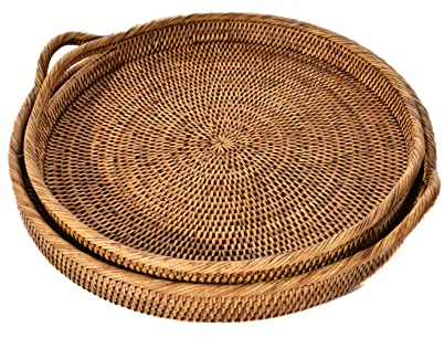 H&h vassoio tondo con manici in rattan cm 46x5h