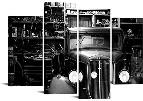 Artsbay Vintage Auto Rustikale Werkstatt Leinwand Giclée-Druck Schwarz und Weiß Auto Reparatur Shop Bild Malerei Moderne Garage Retro Wandkunst Dekor Gerahmt für Home Office Wohnzimmer Dekoration Groß