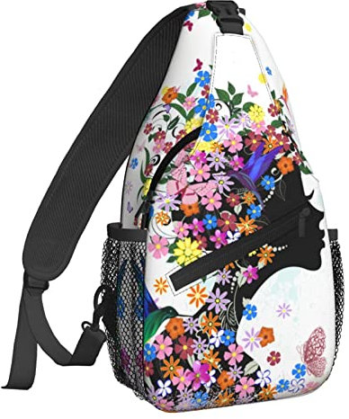 NiuKom Schultertasche für Damen, Umhängetasche, lässiger Tagesrucksack, Rucksack, Herren, Brusttasche, Fitnessstudio, Radfahren, Reisen, Wandern, Schönes Mädchen Blume Schmetterling Kolibri Sommer,