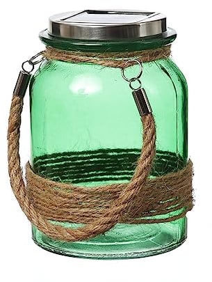 LED Solarglas - Windlicht mit Juteseil - Glas - warmweiße LED - Lichtsensor - H: 16cm (grün)