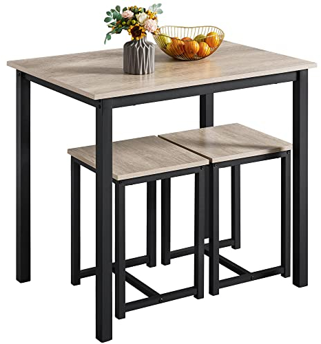 Yaheetech 3 Piece Dining Table Set Kitchen Table & Chair Sets for 2 Breakfast Bar Table and Stools Set with Space Saving Design for Dining Room Kitchen Living Room, Grey