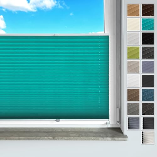 Rollmayer Plissee ohne Bohren, mit Klemmträger Plisseerollo Faltrollo Sichtschutz und Sonnenschutz für Fenster und Tür Premiumqualität Falte für Zuhause, 3 Kollektionen(Binco Türkis,B125cm x H120cm)