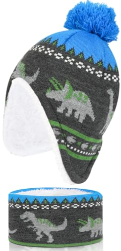 QKURT Cappello e Sciarpa per Ragazzi, Sciarpa Calda Invernale Lavorata a Maglia per Bambini, Cappello in Pile, Berretto con Pompon con Paraorecchie, Set per la Stagione Fredda per 1-4 Anni