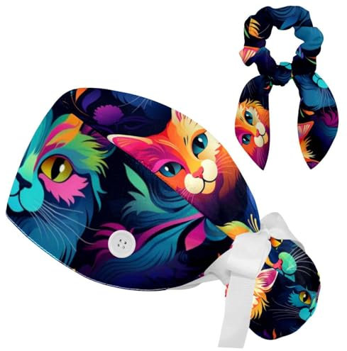 Cuffia da lavoro con tasca per coda di cavallo, cappello chirurgico con motivo gatto, cappello bouffant per capelli lunghi da donna, Multicolore 9, S/XXL