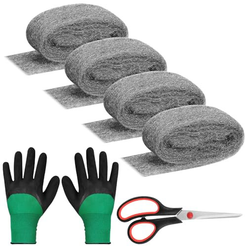 Swpeet 6Pcs 3.1 x 7.2FT Steel Wool with Cut Gloves and Scissors, Steel Wool Fill Fabric Roll, Gap Blocker Coarse Wire Hardware Cloth for Holes Wall Cracks Vents in Garden House Garage