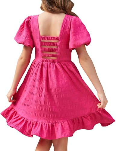 Arshiner Vestito Estivo da Principessa per Bambina Manica Corta a Sbuffo Vestito Elegante da Spettacolo per Festa di Compleanno Collo Quadrato Orlo con Volant Rosa Rosso 11-12 Anni