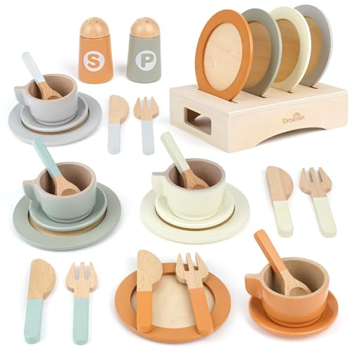 Wooden Tea Set for Toddlers 1 2 year old Toy Mud Kitchen Accessories 27 PCS Kids Pots and Pans Playset Wooden Play Food Gift for Girls Boys , Neutral