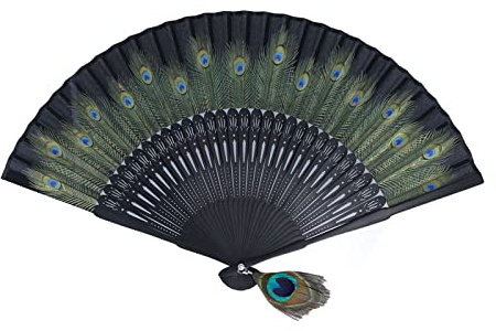 EMUKOEP Pfauenfächer, Faltbarer Fächer, Große Handfächer, 22 X 3 X 1, Faltfächer, Wunderschönes Pfauenmuster, Antiker Bambus-Handfächer Auftritte, Kleidung, Dekoration,