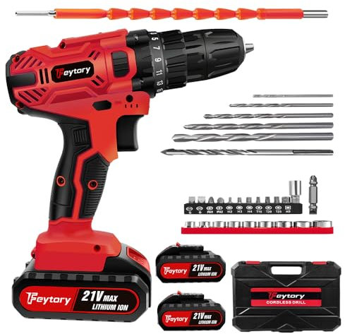 21V Akkus Bohrschrauber mit 2 Akkus, Rot 25+1 Drehmomentstufen Akku Schraubendreher mit 29PCS Zubehöre für Haus und Garten DIY Projekt, 2-Gang Akku Bohrmaschine, 45 N.m Max Akkuschrauber, LED-Licht