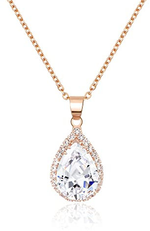 Linawe Crystal Chain Necklace for Women Rose Gold, Dainty Imitation Diamond Pendant Moonstone Moissanite Necklace, Cubic Zirconia Wedding Bride Teardrop Necklace Set