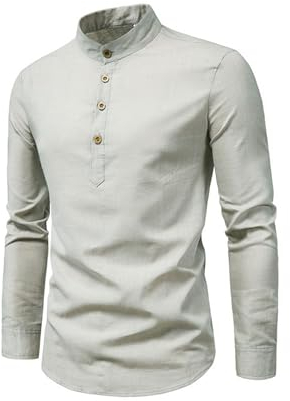 Legou Herrenhemd, koreanische Mode, schmale Passform, langärmelig, einfarbig, Business-Stil, Stehkragen, Baumwolle, Hanf, halboffen, lässig, grau, XXL