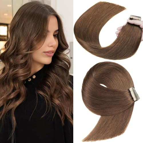 YDDM Tape Extensions Echthaar 40pcs 45cm 80g Schokoladenbraun Remy Invisible Tape Extensions Seidig Gerade Echthaar Tapes Ins Tape Extensions Skin Weft Haarverlängerung(18Zoll,4#)