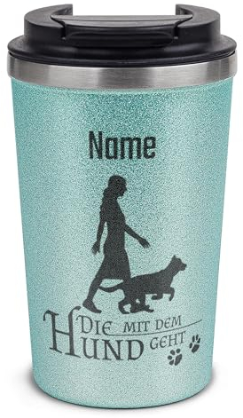Tassendruck Glitzer To-Go Thermobecher mit Name personalisiert Die mit dem Hund geht Geschenk für Hundebesitzer, Hundemama | Nachhaltig, Edelstahl doppelwandig, inkl. Deckel, Blau, 350 ml