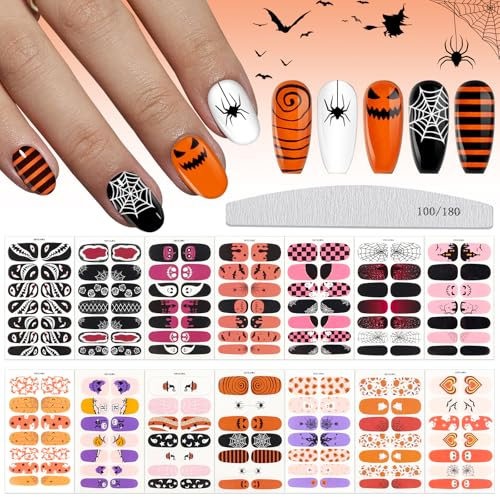 EBANKU 14 Sheets Halloween Nail Polish Stickers, Adhesive Full Wraps Cute Ghost Design Art Decals Strips With 1 Piece Files for Women Girl Halloween Decoration