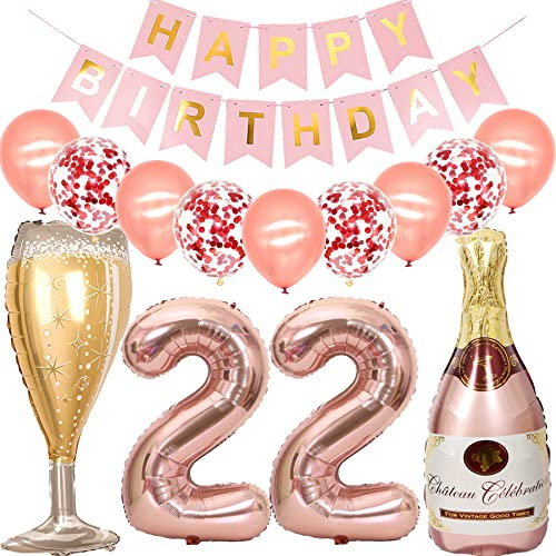Feelairy Luftballon 22. Geburtstag Deko Frau, Rosegold Folienballon Weinflasche Sektflasche Helium Ballon Champagner Flasche, Girlande Happy Birthday Deko für Geburtstagsdeko 22 Jahre Frauen