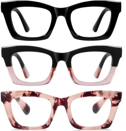 Hubeye Oversized Square Reading Glasses for Women Blue Light Blocking Spring Hinge Computer Readers for Office Home (Black+Pink Black+Pink Tortoiseshell, 1.00)