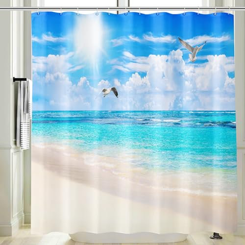 Vgzsyomqib île Rideau Douche Anti Moisissure 3D Imprimé Mer Bleu Rideau de Salle Bain 200x200 Long Tissu Polyester Imperméable Motif Plage Océan Rideaux Baignoire Lavable avec Crochet