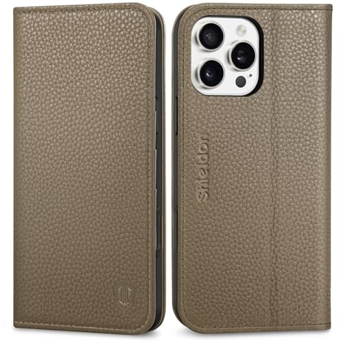 SHIELDON Hülle für iPhone 16 Pro Max 5G Handyhülle [Echtleder] [Kartenfach] [Ständer] [RFID-Blocker] Magnet Klapphülle Handy Wallet Flip Case Kompatibel mit iPhone 16 Pro Max 6,9 2024 - Khaki