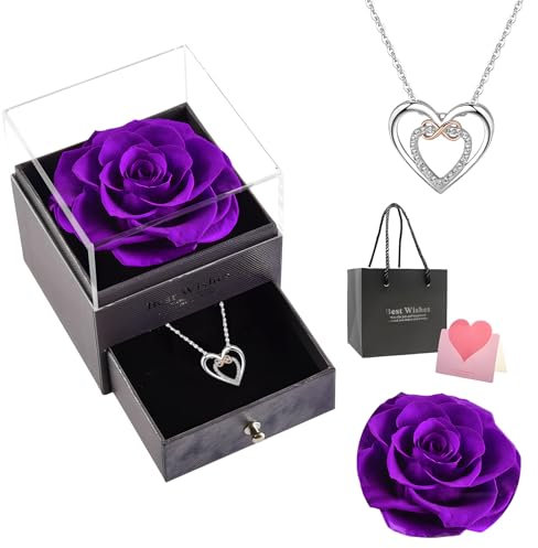 Rosa Stabilizzata Vera, Rosa Eterna Confezione Regalo,Vera Rosa con Collana Donna, Confezione Regalo in Acrilico Trasparente, Viola Fiori Box con Collana, Regalo per Mamma, Fidanzata, Moglie