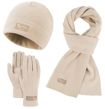 GIBZ Unisex Winter Beanie Mütze Schal Handschuhe Set Warme | Weiche Fleece Gefütterte Mütze 3 Stück Touchscreen Handschuhe Sets