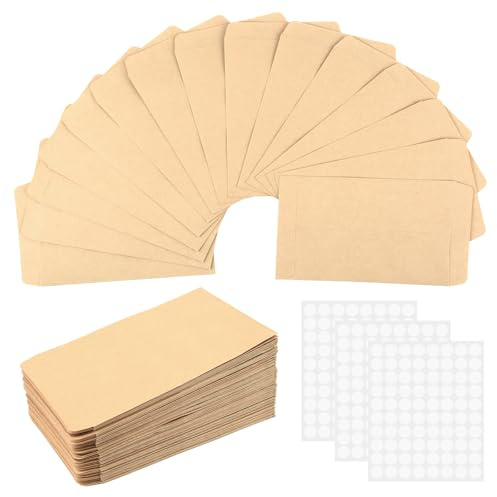 200 stycken sammetspåsar, 8 x 12 cm papperspåsar liten brun, små påsar | Förpackningspåsar, minikuvert, kraftpapperspåsar med 200 stycken klistermärken för frön, mynt, smycken, gästpresenter