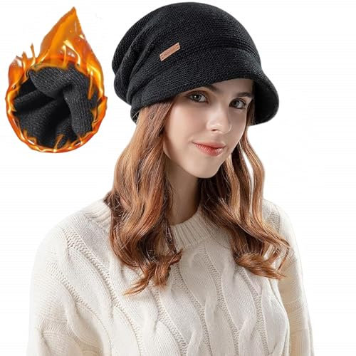 Siganorpy Women Winter Knitted Beanie Hat Stretchy Slouchy Cap with Visor Warm Fleece Lined Skull Cap for Cold Weather Brim Fleece Liner 55-60 cm (Black)