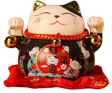 Glückskatzen-Spardose, Keramik-Maneki-Neko-Glückskatzen-Sparschwein mit Glocken, Feng Shui,Winkekatze Sparschwein,Süße Reichtumskatze für Geschenk, Schreibtisch, Spielzeug Dekoration(Black)