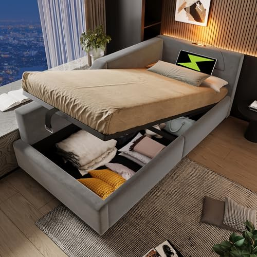 Autheria Bett 90x200 mit Leselichtfunktion und USB-C,Schlafsofa mit hydraulischem Stauraum,Polsterbett Tagesbett Daybett 90x200,Einzelbett,Jugendbett Bettgestell mit Lattenrost aus Holz, Samt, Grau