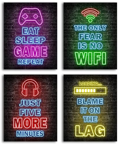 Nhemeylp Gaming Posters Set of 4, Neon Gaming Wallpaper Canvas Painting Prints for Boys Room, Unframed Gamer Wall Art for Kids Bedroom Home Decoration, 8x10 (Pattern A)