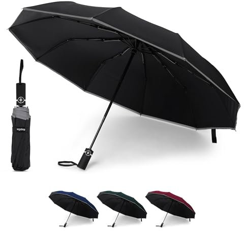 KEPLIN Folding Travel Umbrella, Automatic Open & Close Ergonomic Handle, Golf Umbrella 10 Ribs, Portable Slim Strong Lightweight Umbrella, Travel Approved Umbrella (Black)