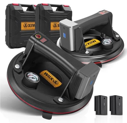 2X Elektrischer Saugheber Max 300KG | Mit 2X Akku, LCD, Manometer Selbst Nachsaugend Glasheber 8 Vakuum Starker Saugnapf für Schweres Glas Fliesen EisenplatteSchiefer, Saugnäpfe für Materialtransport